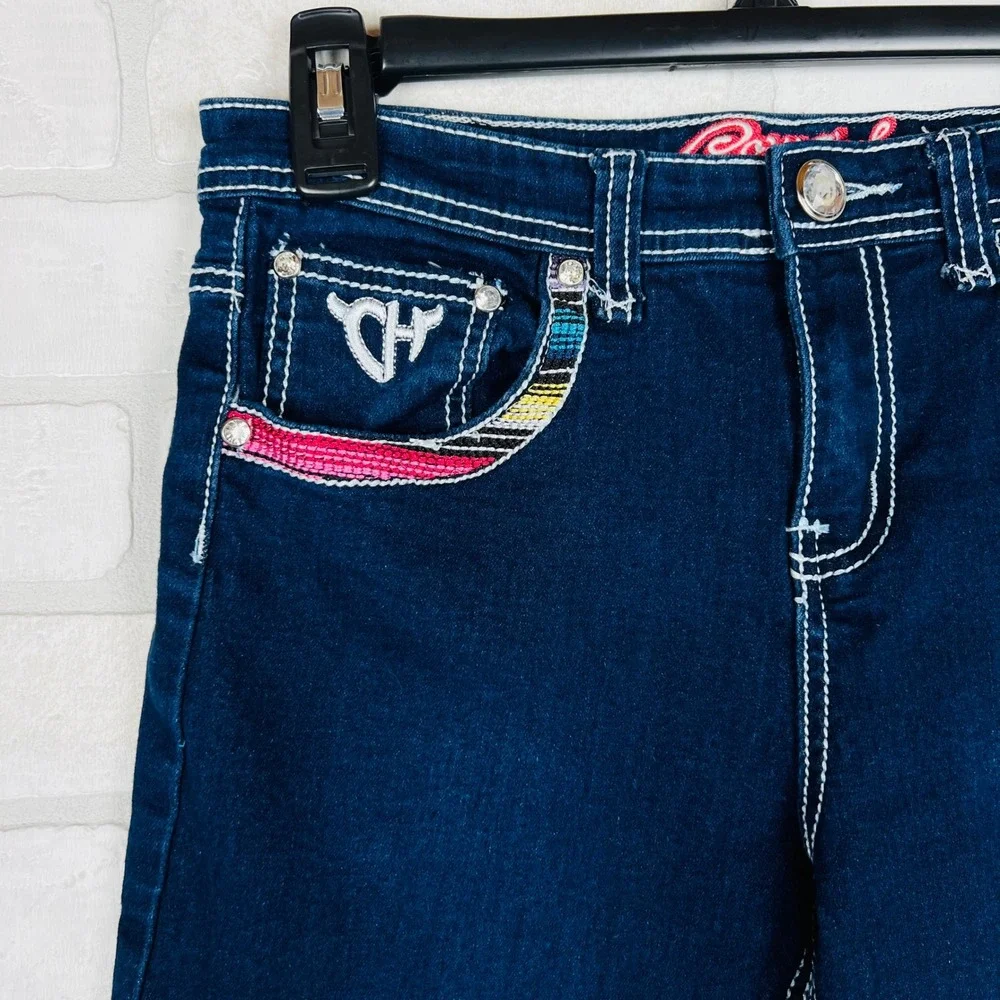 Dark Wash Girls' Flared Jeans with Pink Accent Stretch Denim